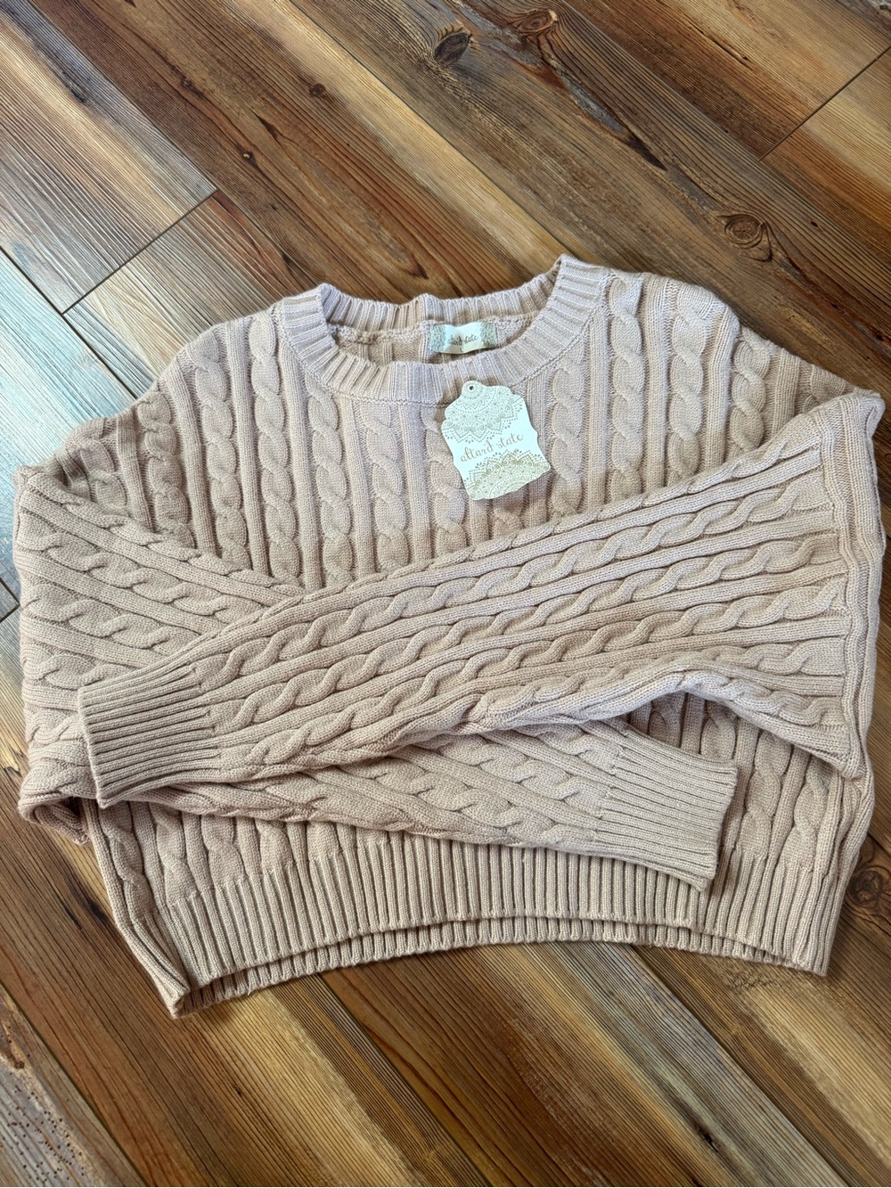 Altar'd State Mocha /tan Cable Knit Crewneck Sweater